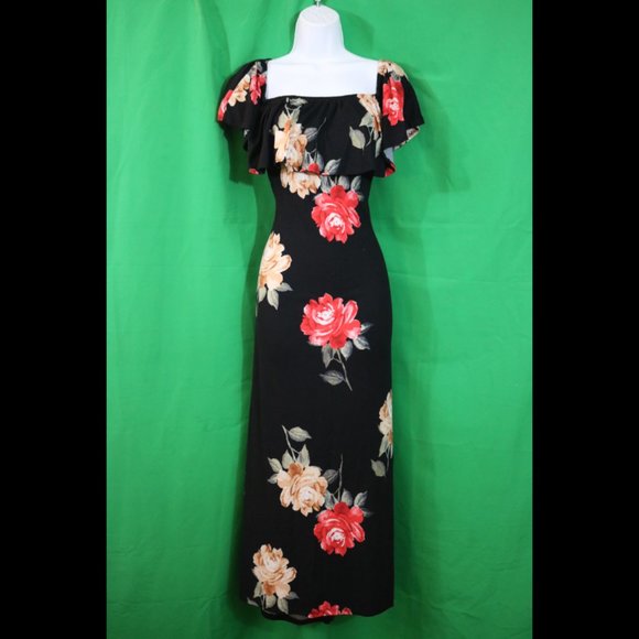 Black Floral Off-the-Shoulder Dress - Picture 1 of 3